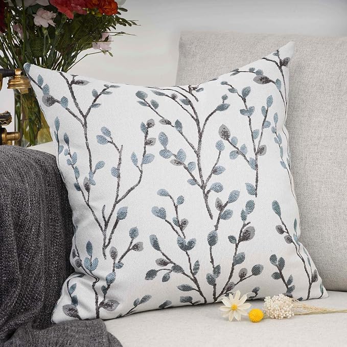 YOUR SMILE Classical Embroidery Jacquard Teal Leaf Pattern Square Decorative Throw Pillow Case Cushion Cover 18x18 inch