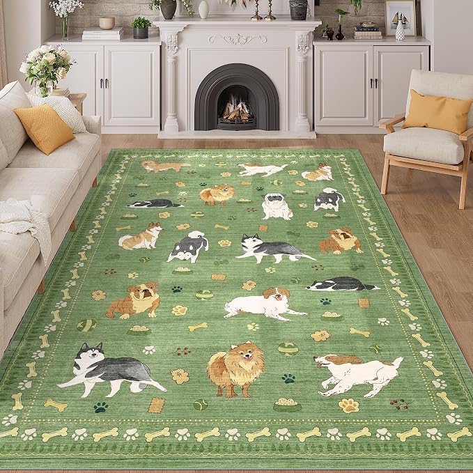 DUKINO 6x9 Washable Dog Area Rug for Living Room Non Slip, Green | Non-Shedding, Stain Resistant, Soft Animal Carpet for Bedroom Kids Playroom Nursery Dining Room Farmhouse, Pet & Kid Friendly