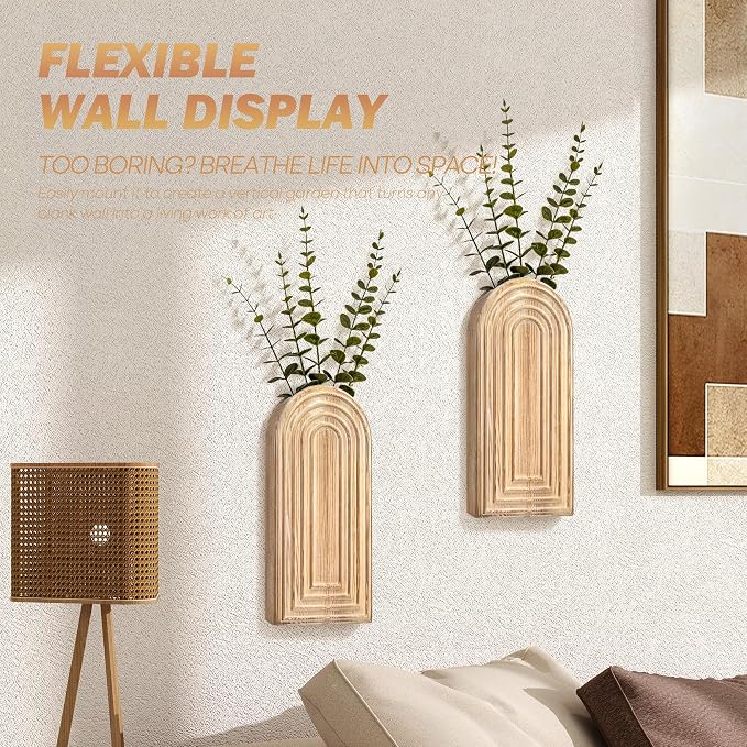 EOSAHR Wall Vase: Wall Planter for Bathroom Decor Aesthetic, Natural Wood | 2Pcs Bathroom Set, Pine Wood, Wall Plant Holder for Home Decor, Boho Wall Art for Living Room, Farmhouse Decor