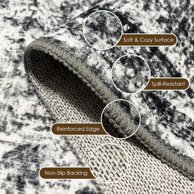Washable Area Rug 5' x 7' Vintage Traditional Persian Mat - Foldable Distressed Non-Slip Machine Washable Carpet for Living Room Bedroom Kitchen Home Decor - Graphite and Mist