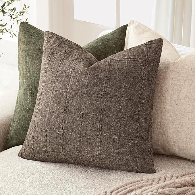 Foindtower Set of 2 Decorative Linen Check Throw Pillow Covers Neutral Farmhouse Vintage Cushion Covers Modern Boho Home Decor for Sofa Chair Couch Bedroom Living Room,22×22 Inch,Taupe Grey