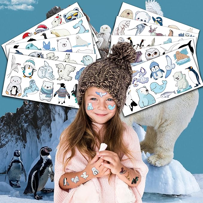 100 PCS Funny Polar Animal Temporary Birthday Blue Party Supplies Favors Seal Owl Cute Fake School Reward Themed Christmas