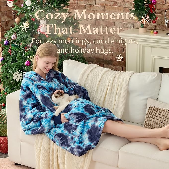 Krifey Wearable Blanket Hoodie, Oversized Sherpa Fleece Sweatshirt with Giant Pocket, Birthday Gifts for Women, Mom, Sister, Dark Blue Tie Dye