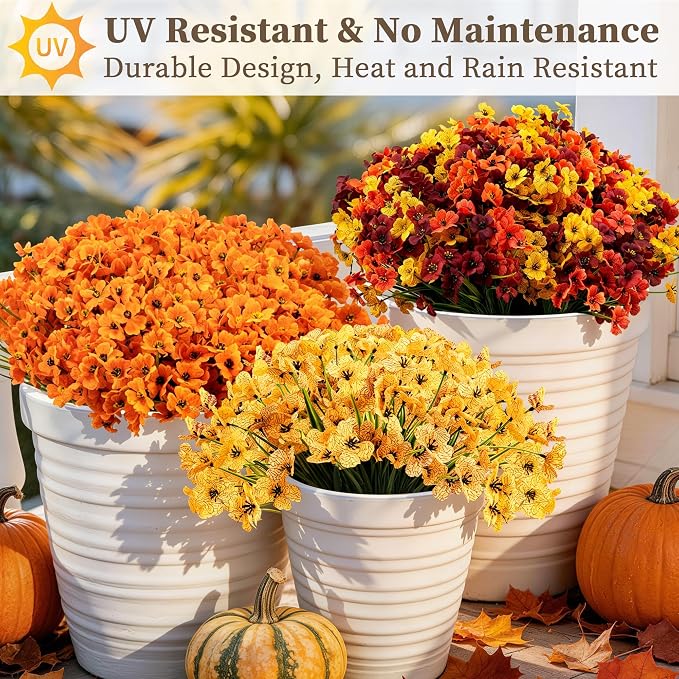 ColoPlay 24 Bundles Yellow Artificial Flowers for Outdoors, Fake Flowers | Fake Fall Flowers Faux Mums for Outdoor Planters, UV Resistant Fall Decoration for Home Garden Porch Wedding Farmhouse