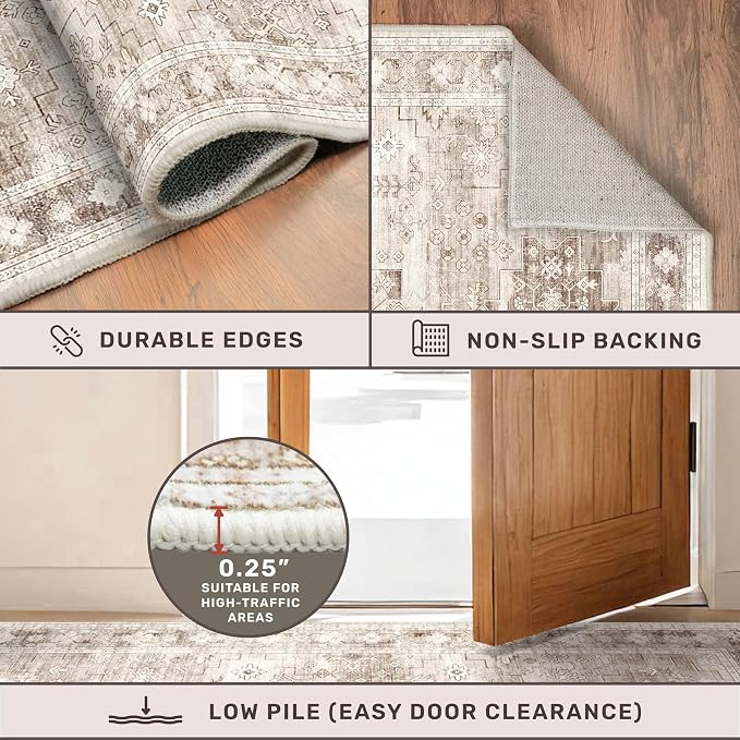 Hazo Haus Washable Neutral Farmhouse Living Room Rug, 4x6 Area Rugs for Bedroom, Nursery Room, Boho Vintage Floral Non-Slip Rug Low Pile Stain Resistant (4x6 Beige/Latte)