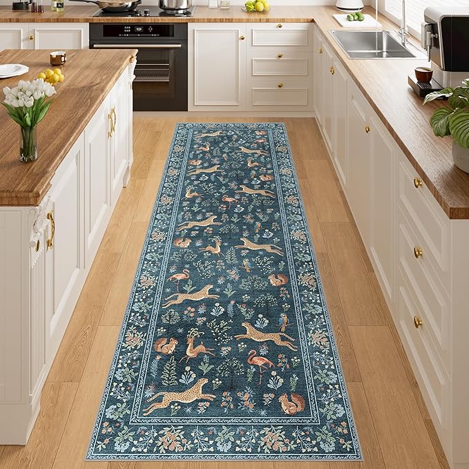 DUKINO 2x6 Runner Rug, Washable Animal Kitchen Rugs Non Slip, Blue | Soft, Low Pile, Stain Resistant Indoor Carpet for Hallway, Entryway, Bedroom, Bathroom, Laundry,Pet Friendly, Lightweight