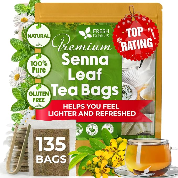 FreshDrinkUS, Premium 135 Senna Leaf Tea Bags for Constipation, Supports Your Cardiovascular System, 100% Natural & Pure. Loose Leaf Senna Herbal Tea, Made with Natural Material Tea Bags. Non GMO, No Sugar/ Caffeine/ Gluten, Vegan.