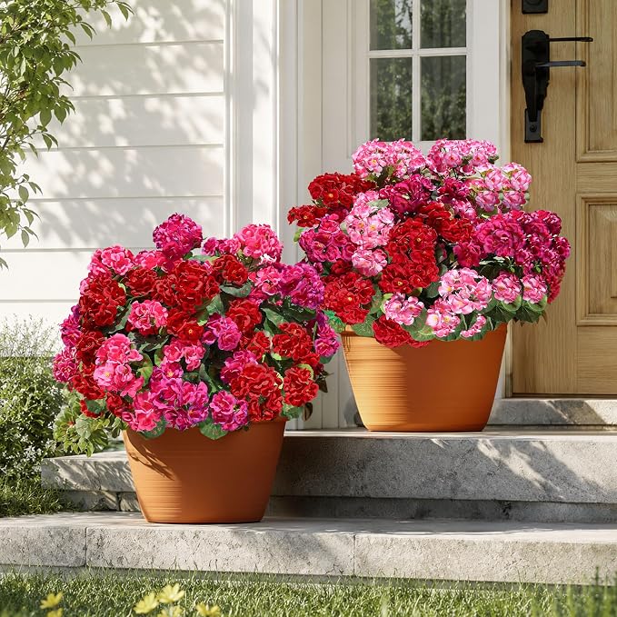 Artificial Geranium Fake Flowers for Outdoors Decoration, 6 Bundles Silk Geraniums Flower UV Resistant Look Real Faux Plants for Front Door Garden Porch Planter Patio Balcony Yard Indoor Home, Mix