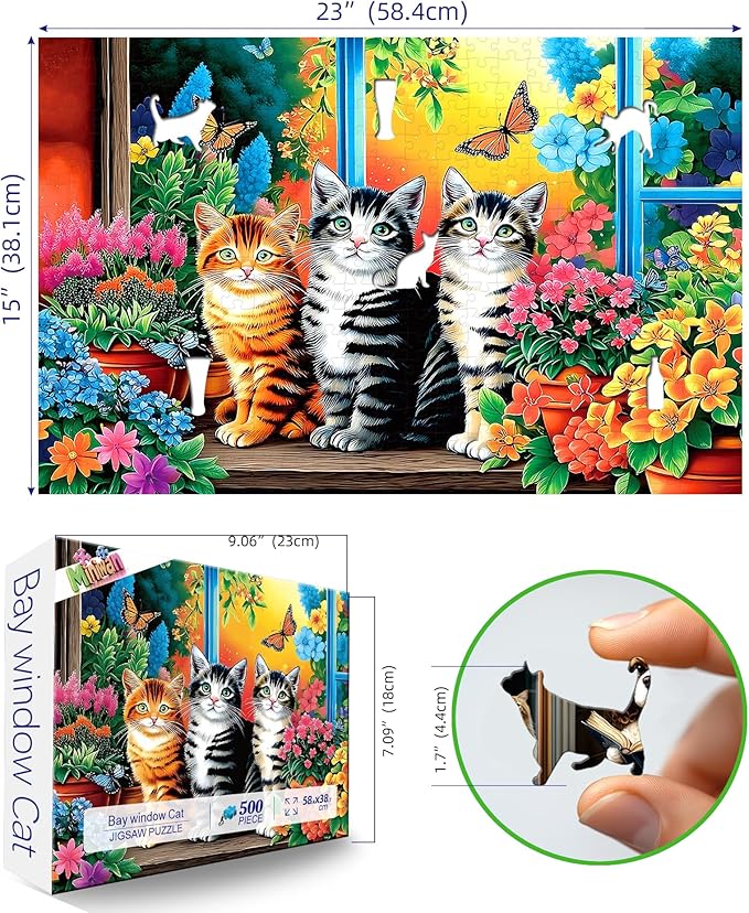 Cat 500 Piece Jigsaw Puzzle - Cute Kittens in Garden Window Design with Butterflies & Flowers | Unique Art Puzzle for Adults for Cat Lovers & Home Decor