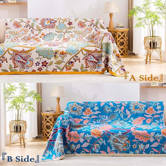 XIBLC Boho Throw Blanket for Bed, 100% Cotton Soft Rustic Quilt Fall Blanket, 50"x60" Floral Printed Farmhouse Decor Bed Blankets, All Season Rustic Reversible Bohemian Throw Quilt
