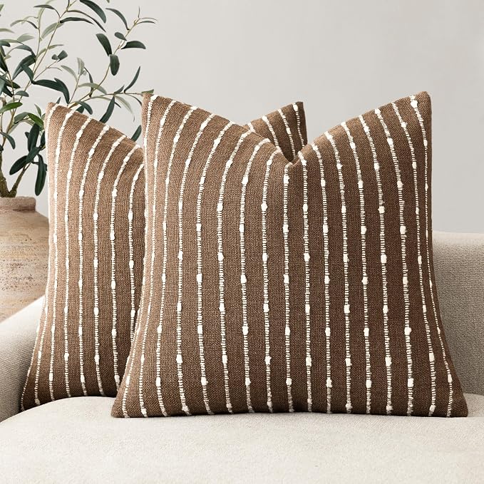 Foindtower Pack of 2 Decorative Jacquard Boucle Throw Pillow Covers Accent Textured Striped Pillowcases Cozy Modern Cushion for Couch Sofa Bedroom Living Room Home Decor 18x18 Inch Brown