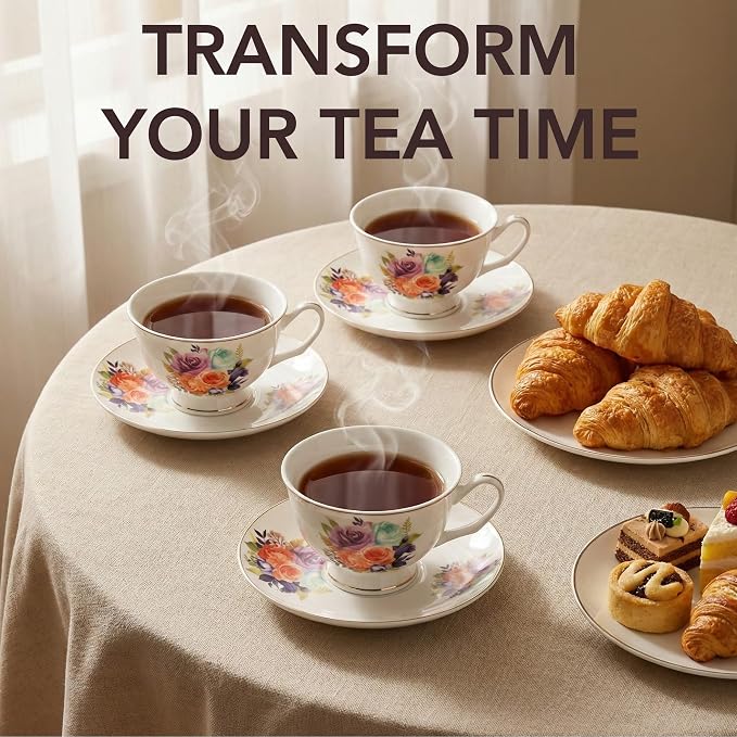 BTaT- Floral Tea Cups and Saucers, 8 oz, Fine Porcelain Teacup Set with Gold Trim for Afternoon Tea, Weddings, Parties & Gifting, Dishwasher Safe, Lightweight, Non-Toxic, Set of 6