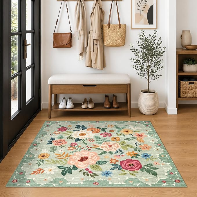 DUKINO 4x4 Square Area Rug, Soft Floral Washable Rug for Entryway, Green | Non Slip, Low Pile, Stain Resistant Indoor Rug for Kitchen, Bedroom, Living Room, Nursery, Pet Friendly, Modern Home Decor