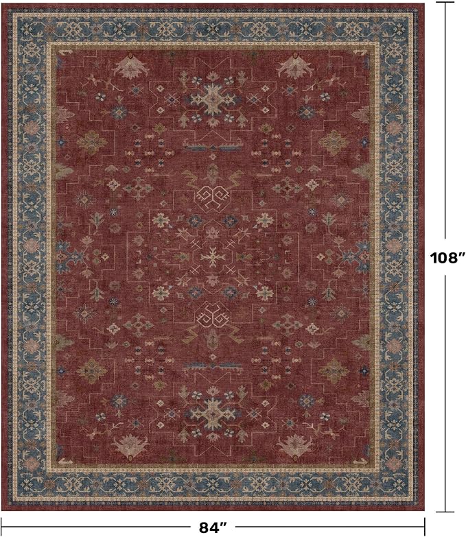 7x9 Dining Room Rugs for Under Table - Vintage Burgundy Boho Living Room Rug, Lightweight Washable Soft Floor Carpet,Southwestern Bed Room Décor Aesthetic
