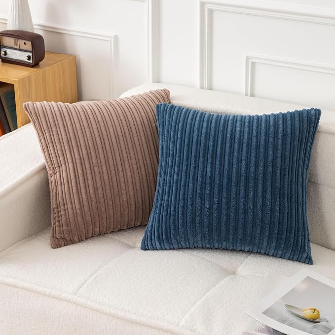 UGASA Velvet 20x20 Inch Soft Throw Pillow Cover Decorative Corduroy Striped Both Sides Solid Square Cushion Case Boho Farmhouse for Couch Bedroom Sofa Home, 1 Piece, New-Dusty Blue
