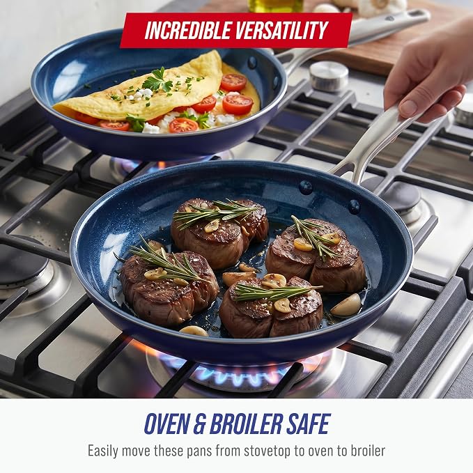 Blue Diamond 2 Piece Nonstick Frying Pan Set, 9.5” & 11" Skillets, PFAS-Free Ceramic, Dishwasher & Oven Safe, Stainless Steel Handle, Durable Metal Utensil Safe, Egg & Omelet Pans, Blue | 9.5" x 11" Skillets, PFAS-Free Ceramic Nonstick, Dishwasher & Ov...