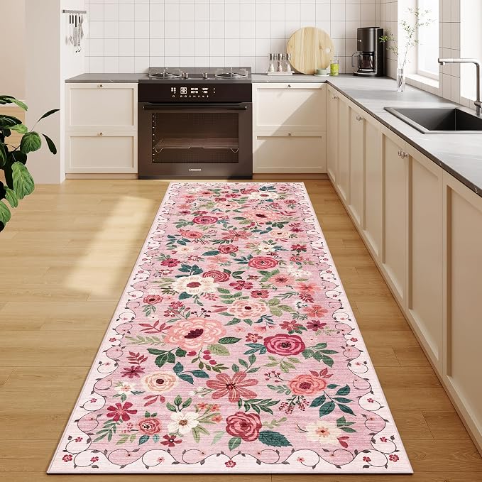 DUKINO 2.6x8 Runner Rug, Washable Runner Rug for Hallway Non Slip, Pink | Low Pile, Soft, Floral Indoor Rug for Kitchen, Entryway, Bedroom, Bathroom, Pet Friendly, Stain Resistant, Modern Home Decor