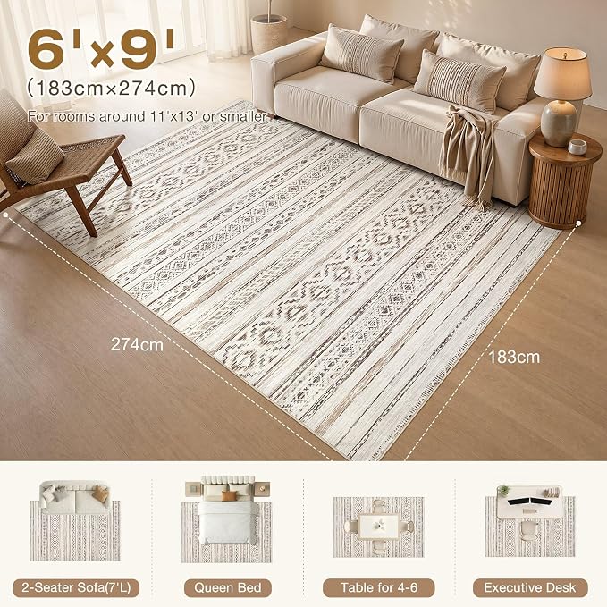 cotiled 6x9 Area Rugs Living Room Rug: Washable Boho Rugs with Non Slip Backing Large Soft Indoor Stain Resistant Carpet for Bedroom Farmhouse Dining Room Lightweight Home Decor Cream Brown