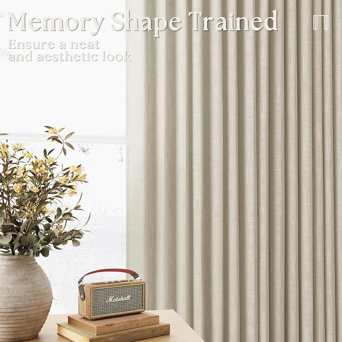Linen Beige 72 Inch Pinch Pleated Semi Sheer Curtains 2 Panels Set W40xL72 | Memory Training Shaped, for Living Room Bedroom Cabin Closet, 400GSM Linen Textured, Pinch Pleat with Hooks Rings Back Tab
