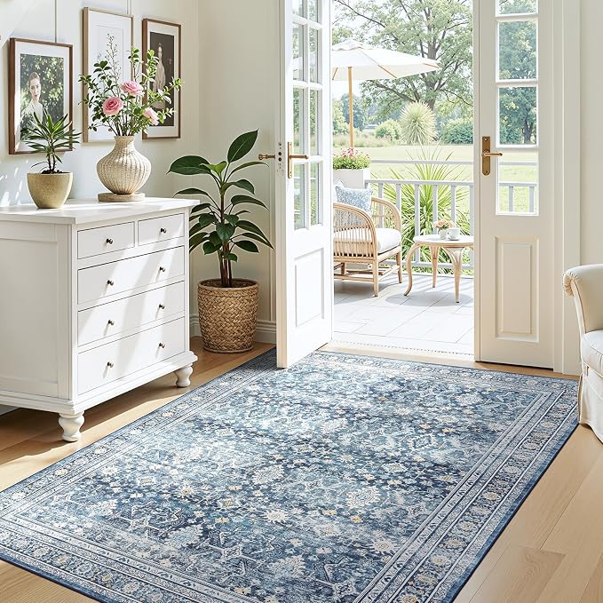 3x5 Area Rugs for Entryway, Blue Washablee Non-Slip Area Rug for Kitchen | Soft Area Rug for Dining Room Home Office Indoor Nursery, Stain Resistant, Low Pile, Vintage Boho Distressed Rug