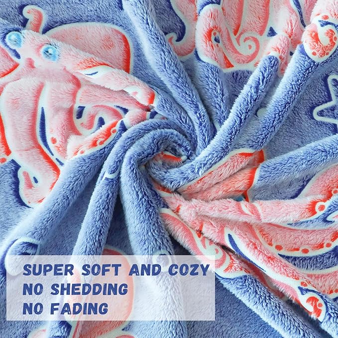 Octopus Twin Blanket for Couch Bed, Large Soft Warm Ocean Blanket for Adults Kids, Blue Sea Animal Twin Size Fleece Throw for Bedroom Home Decor 60"x80"