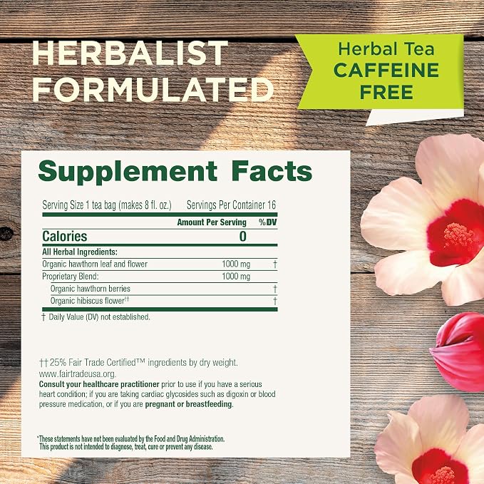 Traditional Medicinals Tea, Organic Hawthorn & Hibiscus - Promotes Heart Health - Kosher, Non-GMO, Caffeine-Free - 16 Tea Bags (Pack of 2)