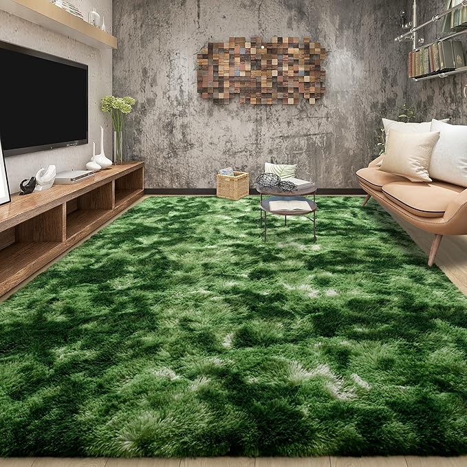 Tepook Fluffy Dark Green Rugs for Living Room Bedroom, 4x6 Soft Area Rug Tie-Dyed Forest Moss Green Kids Girls Boys Rug, Indoor Plush Shaggy Non-Slip Carpet for Nursery Classroom Dorm Home Decor