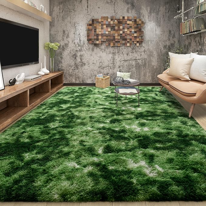 Tepook Fluffy Dark Green Rugs for Living Room Bedroom, 5x8 Soft Area Rug Tie-Dyed Forest Moss Green Kids Girls Boys Rug, Indoor Plush Shaggy Non-Slip Carpet for Nursery Classroom Dorm Home Decor