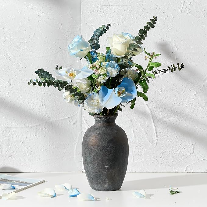 PORCER Ceramic Rustic Flower Vase, 8.38 Inch Vintage Pottery Home Decor, Farmhouse Terracotta Vase for Living Room, Table, Shelf, Mantel Decoration, Farmhouse - Black Bronze