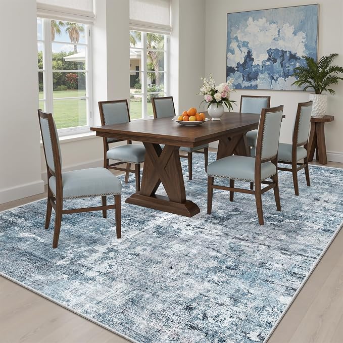 Soalmost Abstract 7x9 Area Rug for Living Room Washable Rugs Blue/Grey | Non-Slip Low-Pile Carpet for Dining Bedroom, Foldable Thin Vintage Stain Resistant Floor Mat Under Table Home Office Nursery