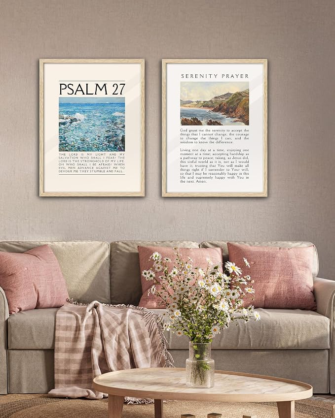 EcoHest 12x16 in Psalm 27 Ocean Framed Bible Verse Christian Wall Art | Natural Oak Wood Frame with Canvas Wall Art, Coastal Scripture Wall Decor for Bedroom, Living Room, Office, Church, 1Pack