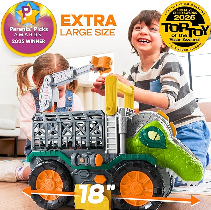 JOVA Vroomix Dinosaur Toy for Toddlers 2 3 4 5+ Year Old, Extra Large Dinosaur Monster Truck with Figures, T-Rex Toy with Launcher and Darts, Crane Arm & Tunnel, Jurassic Toy for Boys Birthday Gift