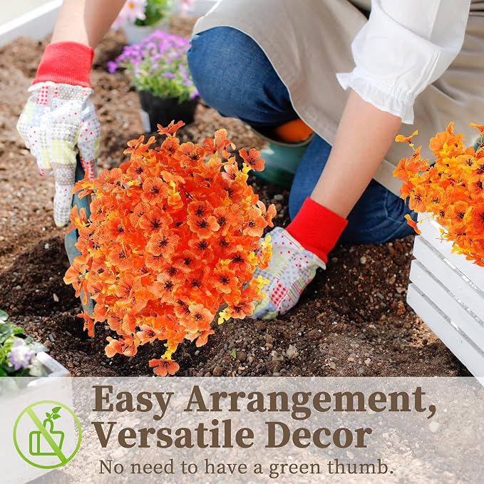 ColoPlay 18 Bundles Artificial Mums for Outdoors, Fake Flowers Fall Decor | Faux Mums for Outdoor Planters, Eucalyptus Leaves UV Resistant Fake Plants for Home Porch Box Wedding Farmhouse(Orange)
