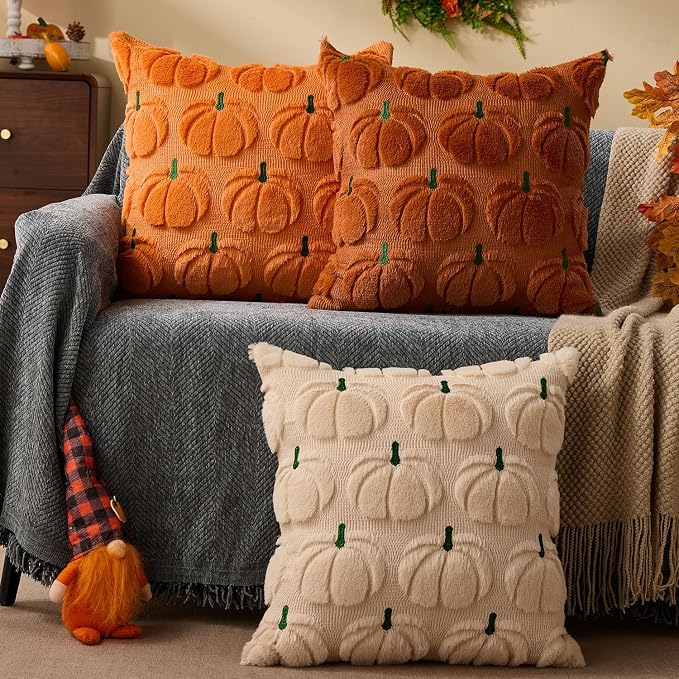 DFXSZ Fall Pillow Covers 18x18 2Pcs Rust Green Pumpkin Fall Decorations | Fall decor Set of 2 Throw Pillow Cases Soft Plush Faux Fur Wool Couch Cushion for Chair Sofa Bedroom Living Room Home Decor