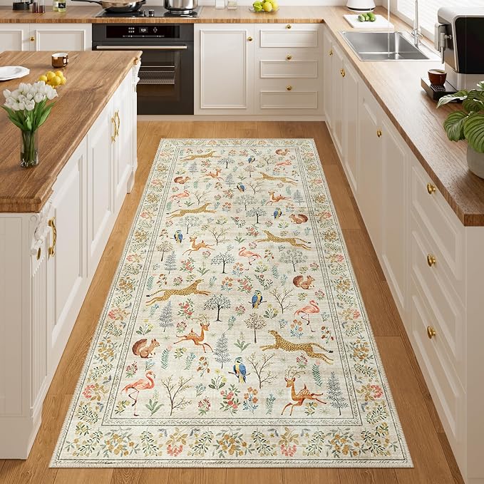 DUKINO 3x6 Kitchen Runner Rug, Washable Animal Rug for Hallway, Beige | Non Slip, Low Pile, Soft Indoor Carpet for Entryway, Bedroom, Bathroom, Laundry, Lightweight, Pet Friendly, Stain Resistant