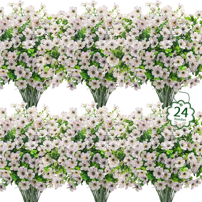 Ouddy Decor 24 Pcs Artificial Flowers for Outdoors Decorations, White | Lifelike silk flowers, UV resistant, faux plastic plants, for garden porch window table vase home indoor outdoor decor