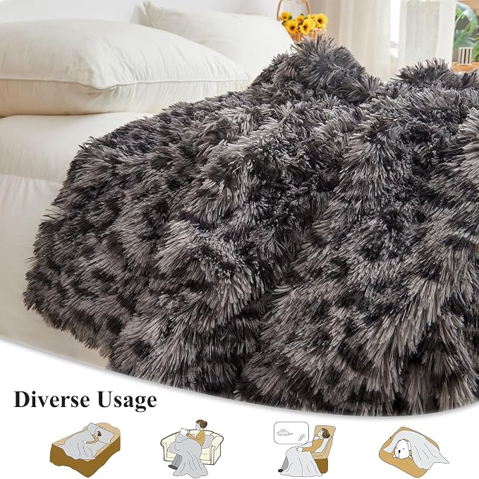 XeGe Luxury Faux Fur Leopard Print Blanket, Soft Cheetah Print Fluffy Bed Throw, Shaggy Plush Decorative Couch Blanket, Furry Animal Print Fuzzy Throw for Sofa Bed Couch, Light Grey, 60x80
