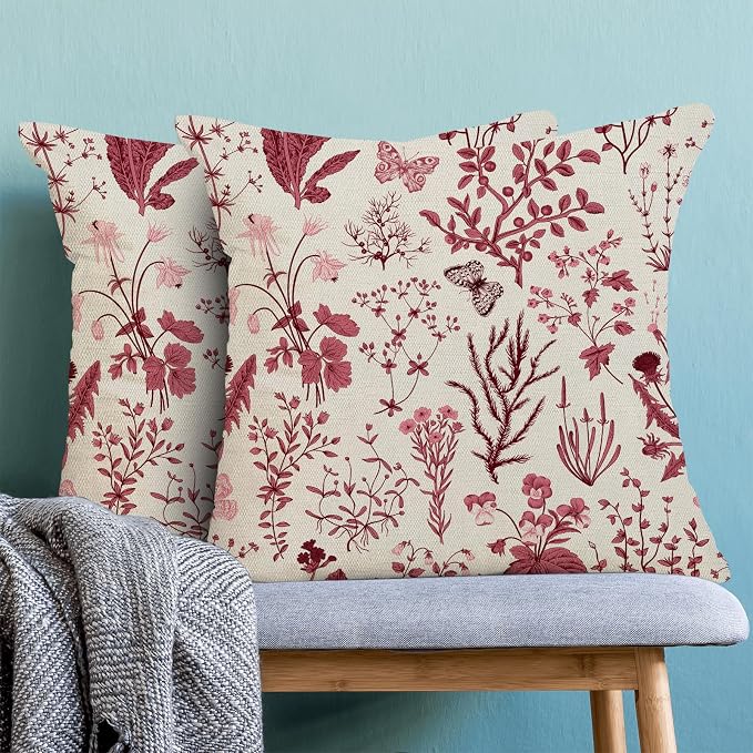 Christmas Pillow Covers 16x16 Inch Set of 2,Burgundy Red Wild Flower Plant Throw Pillows Case,Seasonal Floral Outdoor Decorative Square Linen Farmhouse Decor Cushion Covers for Home Sofa bed Couch