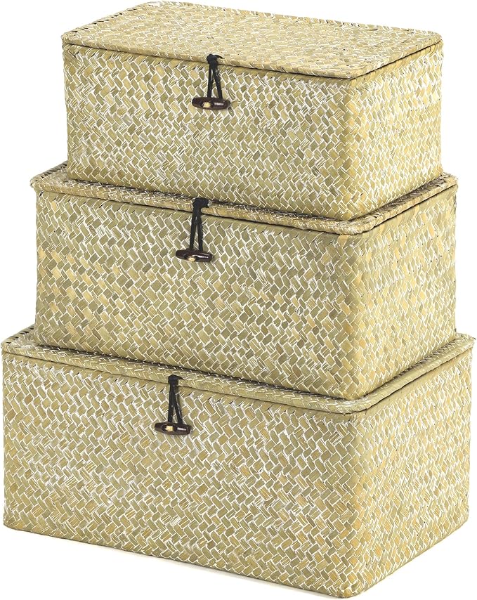 Nonam Storage Basket with Lid, Natural Seagrass Bin with Lid Set of 3, Shelf Baskets Multipurpose Container for Boho Decoration, Rectangular Household Storage Boxes for Home Organization-White