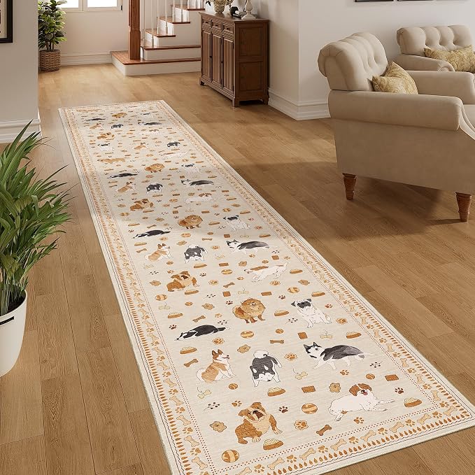 DUKINO 2x10 Kitchen Runner Rug, Washable Dog Rug Soft Non Slip Beige Yellow | Stain Resistant, Low Pile, Non-Shedding Animal Indoor Long Carpet Runner for Hallway Entryway Bathroom Laundry Bedroom