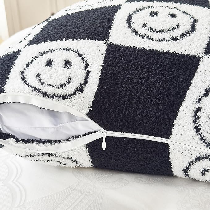 Pack of 2 Ultra Soft Cozy Happy Smiling Face Checkered Knitted Throw Pillow Cover Fluffy Microfiber pillocase Decorative for Sofa Bed 18 Inches Both Sides (Black)