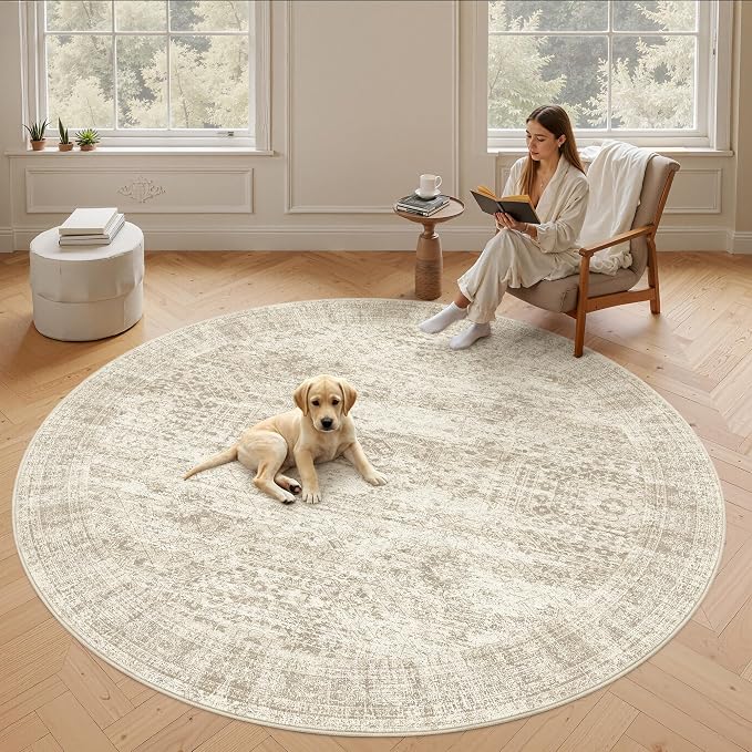 Soalmost Round Rugs 8ft Living Room Circle Area Rug 8x8 Beige Vintage | Washable Non Slip Indoor Carpet for Apartment, Dining Bedroom, Soft Low Pile Stain Resistant Foldable Floor Mat Entryway