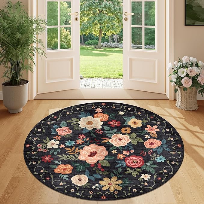 DUKINO 4ft Round Rug, Floral Washable Small Round Area Rug Non Slip, Black | Soft, Low Pile, Stain Resistant Indoor Circle Rug for Bedroom, Kitchen, Kids Room, Living Room, Pet Friendly, Home Decor