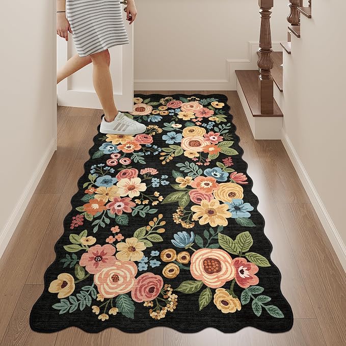 DUKINO 2x5 Washable Runner Rug, Floral Non Slip Rug for Kitchen, Black | Soft, Low Pile, Non-Shedding Throw Rug Runner for Hallway, Entryway, Bedroom, Bathroom, Pet Friendly, Home Decor, Lightweight