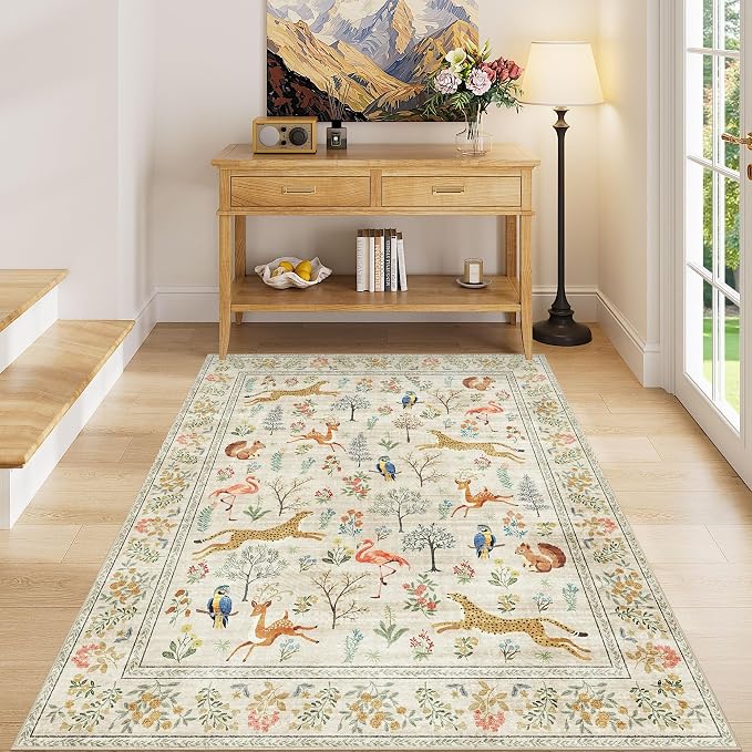 DUKINO 4x5 Area Rug, Washable Animal Rug for Entryway Non Slip, Beige | Low Pile, Soft Indoor Carpet for Bedroom, Kitchen, Office, Kids Room, Farmhouse, Pet Friendly, Stain Resistant, Home Decor