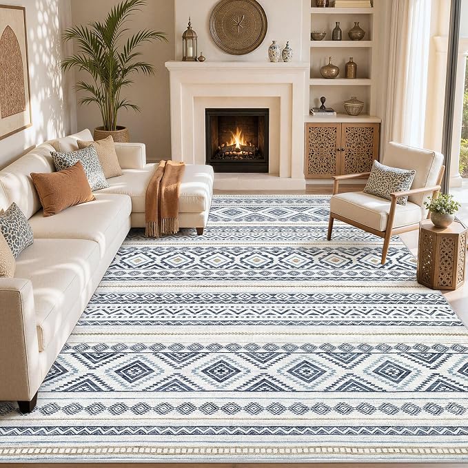 cotiled 12x15 Area Rugs Living Room Rug: Washable Boho Rugs with Non Slip Backing Large Soft Indoor Stain Resistant Carpet for Bedroom Farmhouse Dining Room Lightweight Home Decor Blue