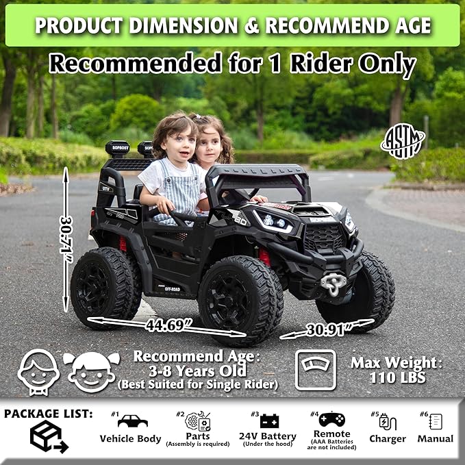 sopbost 24V Ride On Car with Remote Control, 4x4 Rdie On Toy for Kids, Battery Powered Electric Vehicles, 2WD/4WD Switchable, EVA Tires Wheels, Single-Seater, Music Play (Black)
