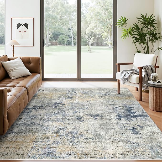 Soalmost Abstract Area Rug 6x9 for Living Room Washable Rugs Blue/Yellow | Non-Slip Low-Pile Carpet for Dining Bedroom, Foldable Thin Vintage Stain Resistant Floor Mat Under Table Home Office Nursery