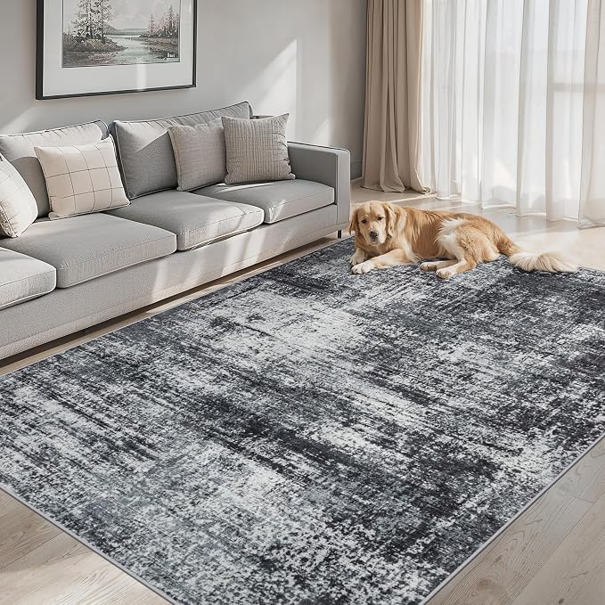6x9 Area Rugs for Living Room - Washable Rug Modern Abstract Soft Large Neutral Non-Slip Carpet Indoor Floor Thin Carpets for Bedroom Dining Room Farmhouse Nursery Home Office Dark Black