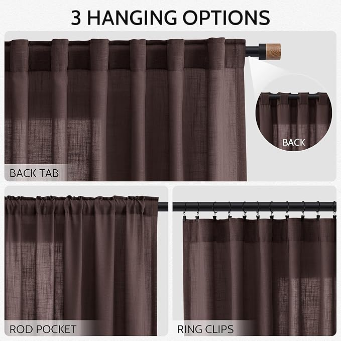 Nanspring Linen Curtains 84 Inch Long, Coffee Brown, 2 Panels 52x84 | Living Room, Back Tab, Light Filtering, Bedroom Office Window, Modern Farmhouse Decor